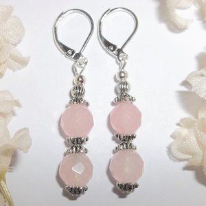 Pink Rose Quartz Earrings Beaded Dangle Jewelry Handmade Accessory Gift 6834